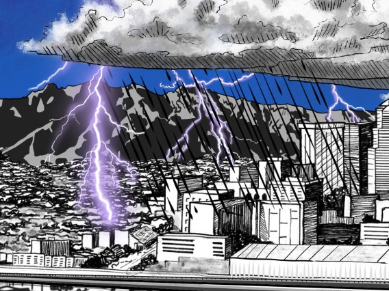 Still from animated short "Tucson Monsoon" by Alex! Jimenez with lightning over downtown Tucson