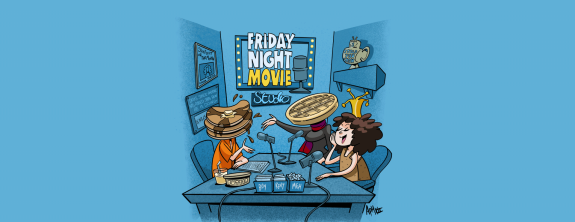 Illustration of three people with text behind them reading Friday Night Movie Studio