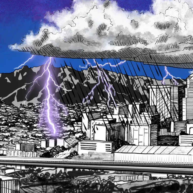 Still from animated short "Tucson Monsoon" by Alex! Jimenez with lightning over downtown Tucson