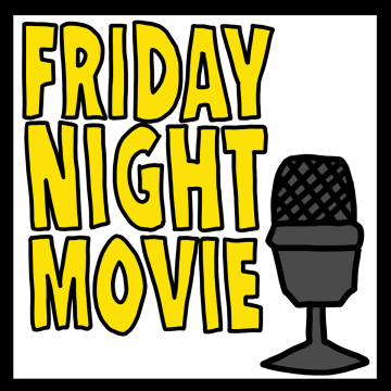Illustration of words reading Friday Night Movie with a microphone next to the block of text